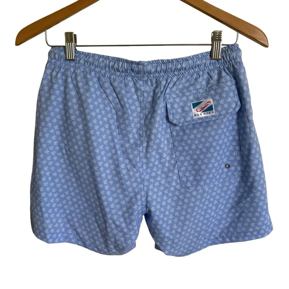 NWT Bermies Mens Small Classic Cut Blue Tribal Turtles Swim Trunks Mesh Lined 5”